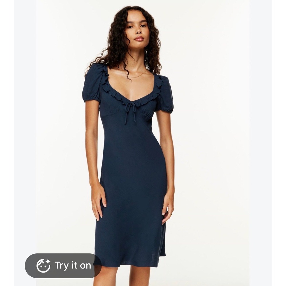Sunday Best Telli Dress Womens XS Navy Blue Ruffle Short Puff Sleeve Aritzia